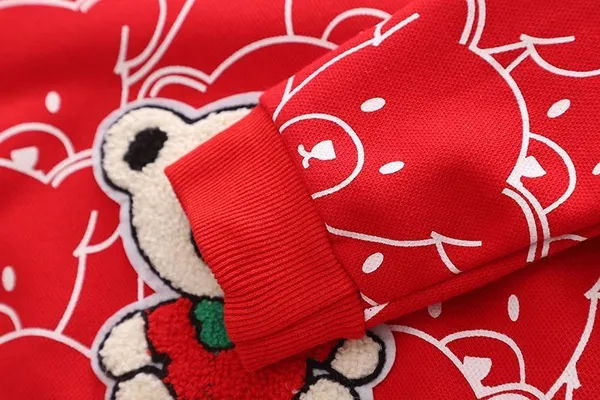 POP_STREET_KIDS_Cotton_Knit_Full_Sleeves_Teddy_Printed_Light_Winter_Sweatshirt_With_Denim_Pants_Set_-_Red