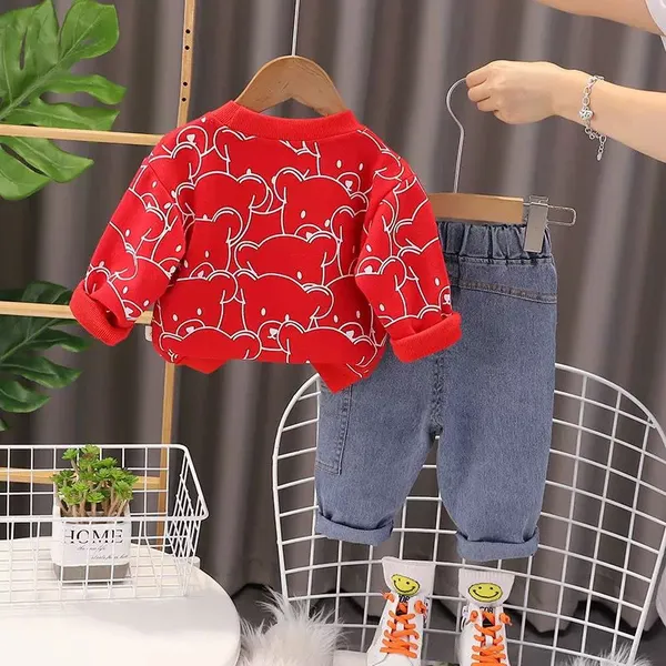 POP_STREET_KIDS_Cotton_Knit_Full_Sleeves_Teddy_Printed_Light_Winter_Sweatshirt_With_Denim_Pants_Set_-_Red