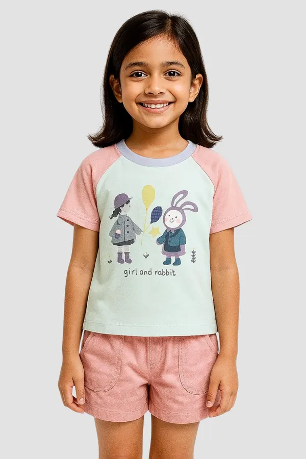 Pink_Trendy_&_Comfortable_Cute_Girl_&_Rabbit_Graphic_Tee_&_Shorts_Set_For_Girls