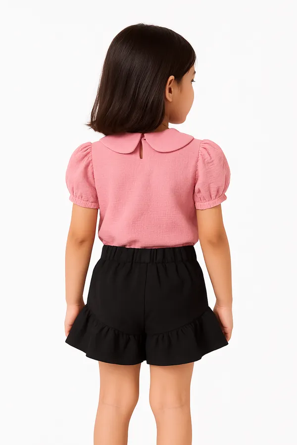 Pink_Trendy_&_Comfortable_Simple_Flower_Puff-Sleeve_Top_&_Ruffle-Hem_Shorts_For_Girls
