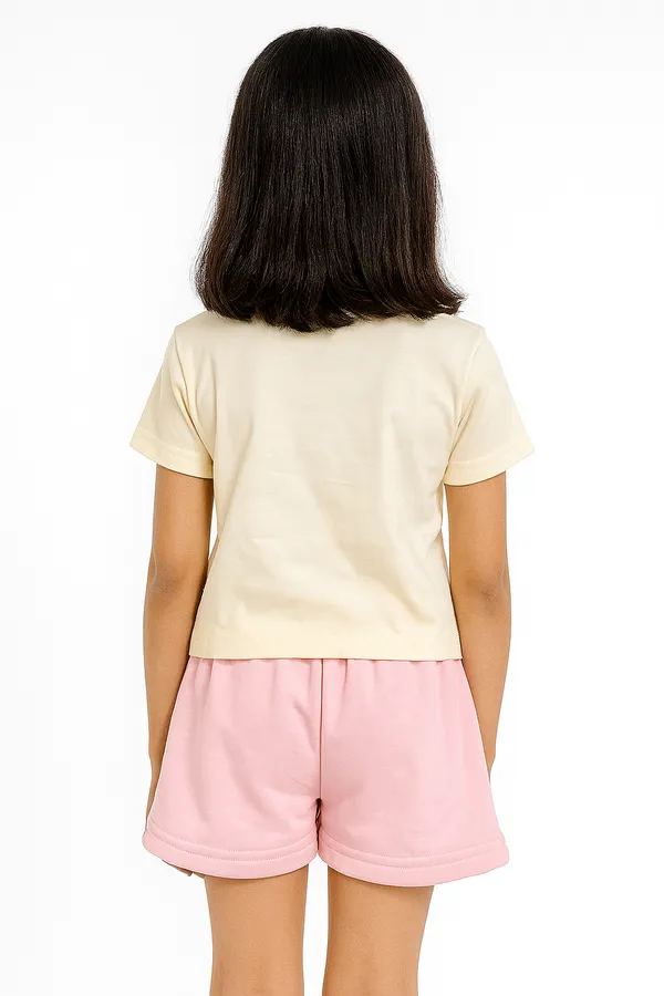 White_Trendy_&_Comfortable_Pastel-Bow_Graphic_Tee_&_Peach_Drawstring_Shorts_For_Girls