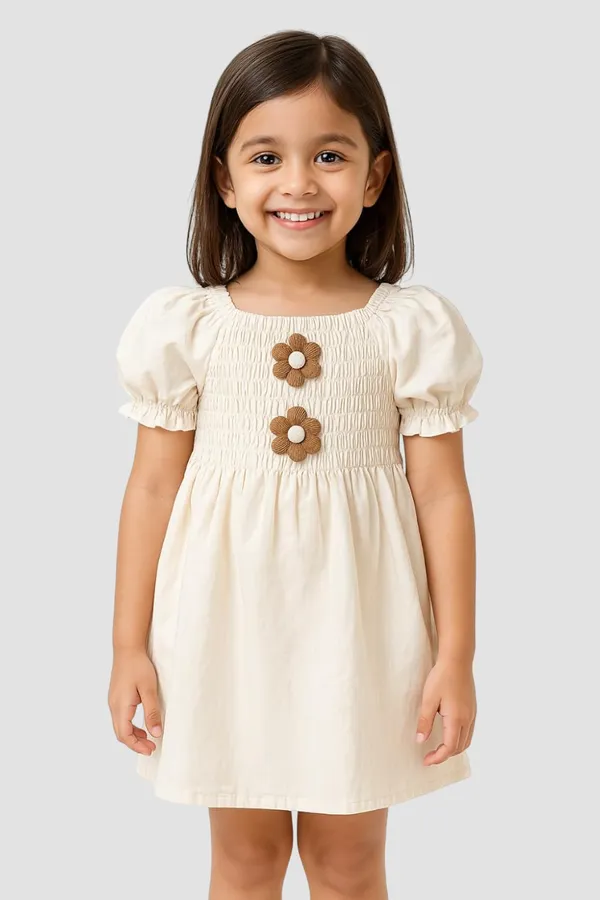 White_Trendy_&_Comfortable_Cheerful_Smocked_Top_With_Daisy_Detail_Dress_For_Girls
