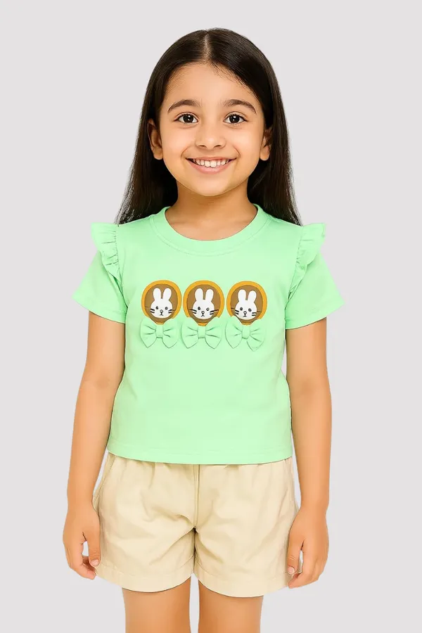 Green_Trendy_&_Comfortable_Bunny_Print_Top_&_Shorts_Set_For_Girls