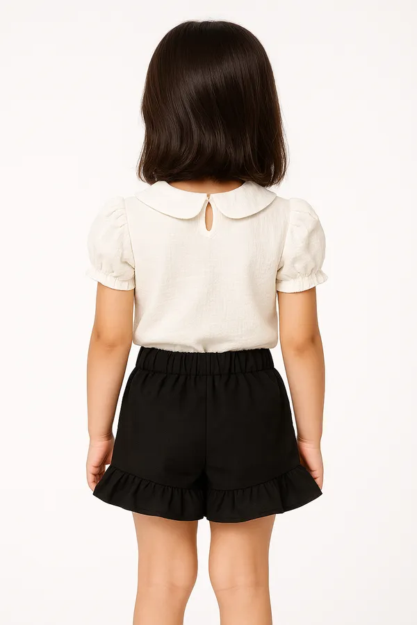 White_Trendy_&_Comfortable_Simple_Flower_Puff-Sleeve_Top_&_Ruffle-Hem_Shorts_For_Girls