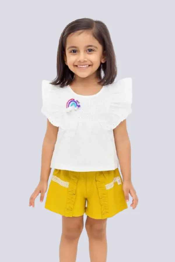 Yellow_Trendy_&_Comfortable_Rainbow_Top_&_Ruffle_Shorts_Set_For_Girls
