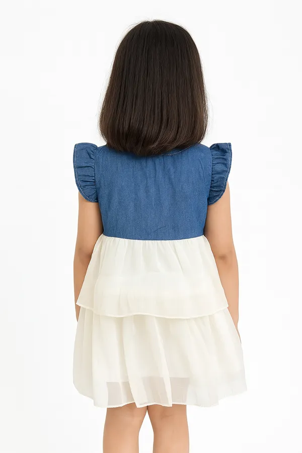 White_Trendy_&_Comfortable_Adorable_Tiered_Dress_Features_A_Denim-Style_Bodice_Adorned_With_Delicate_Bows_For_Girls