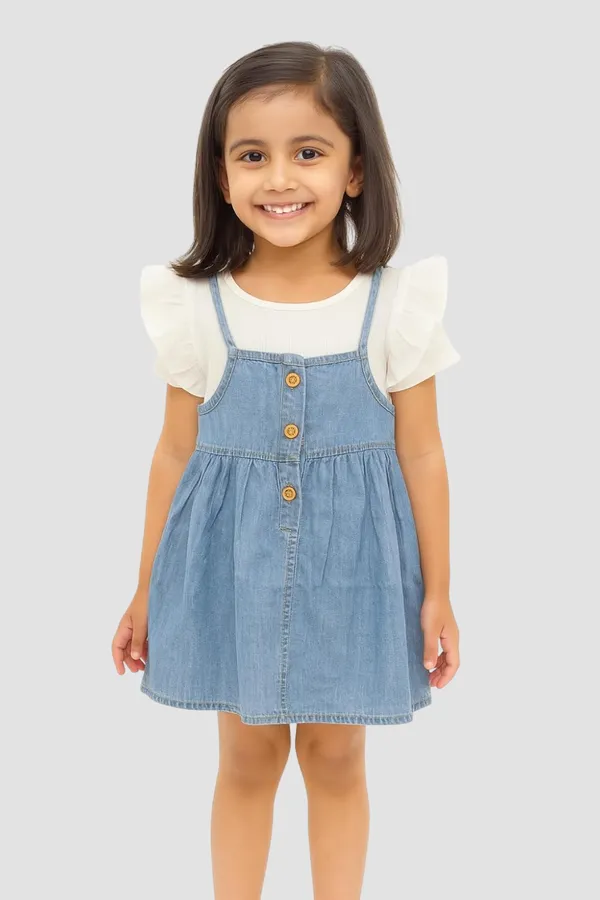 White_Trendy_&_Comfortable_Denim_Pinafore_Set_With_Flutter-Sleeve_Top_For_Girls
