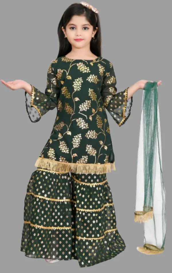 Dark_Green_Chiffon_Embroidered_Round_Neck_Kurta_And_Palazzo_Set_For_Girls