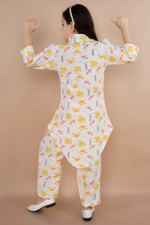 Yellow_Printed_Polycotton_Shirt_Pyjama_Set_For_Girls