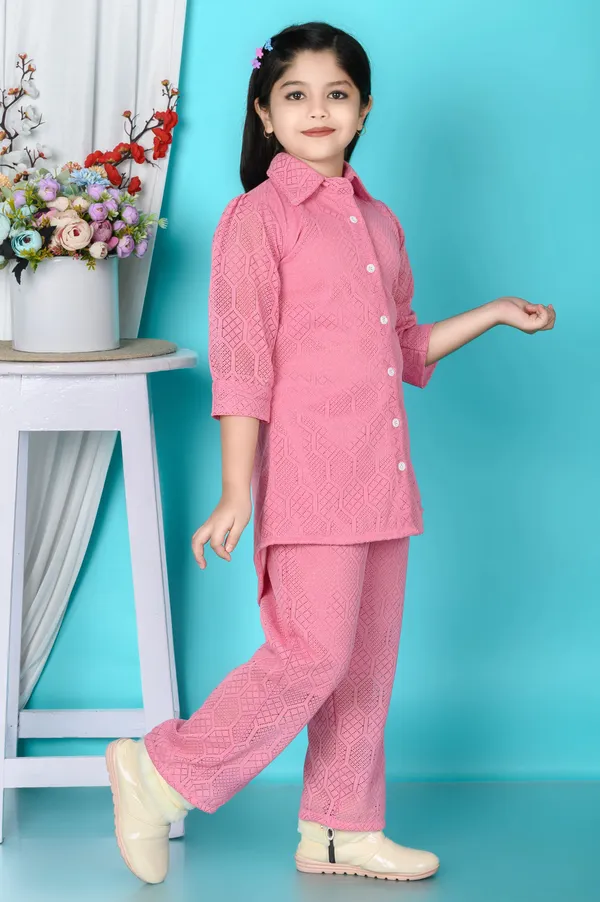 Beige_Self_Design_Polycotton_Shirt_Pant_Set_For_Girls