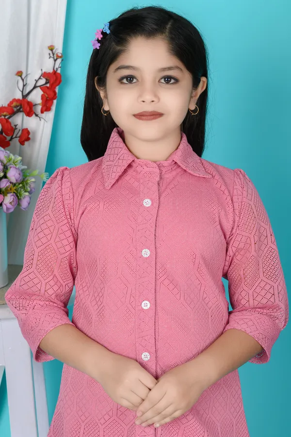 Beige_Self_Design_Polycotton_Shirt_Pant_Set_For_Girls