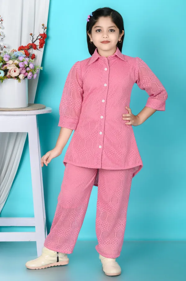 Beige_Self_Design_Polycotton_Shirt_Pant_Set_For_Girls