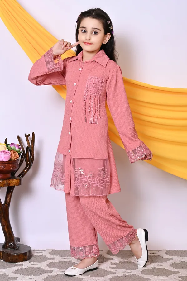 Orange_Self_Design_Lace_Shirt_Pant_Set_For_Girls