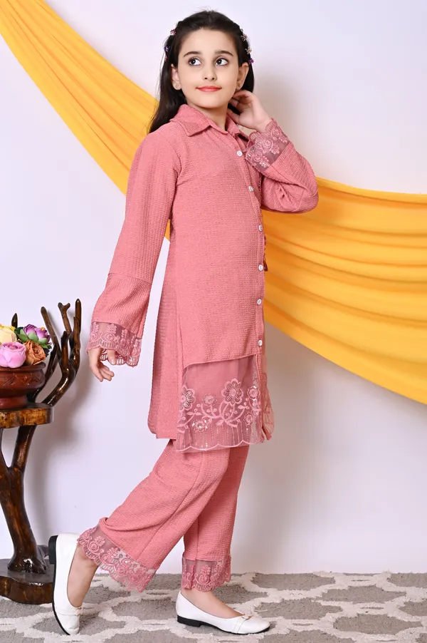 Orange_Self_Design_Lace_Shirt_Pant_Set_For_Girls