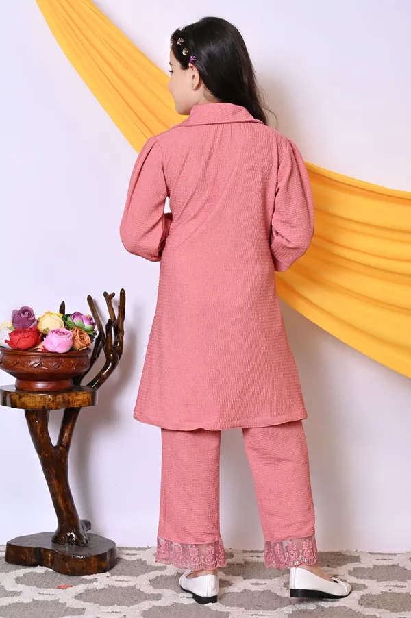 Orange_Self_Design_Lace_Shirt_Pant_Set_For_Girls