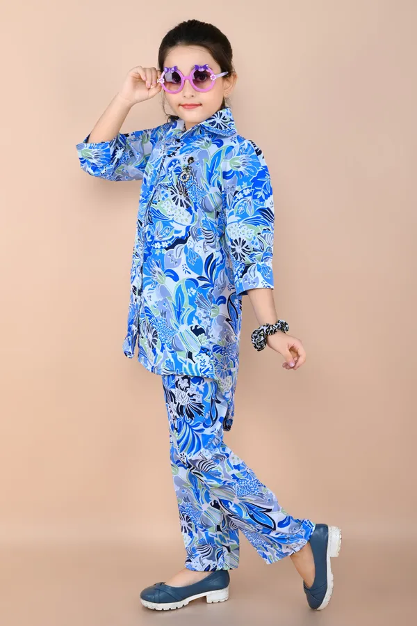 Blue_Printed_Cotton_Silk_Shirt_Pant_Set_For_Girls