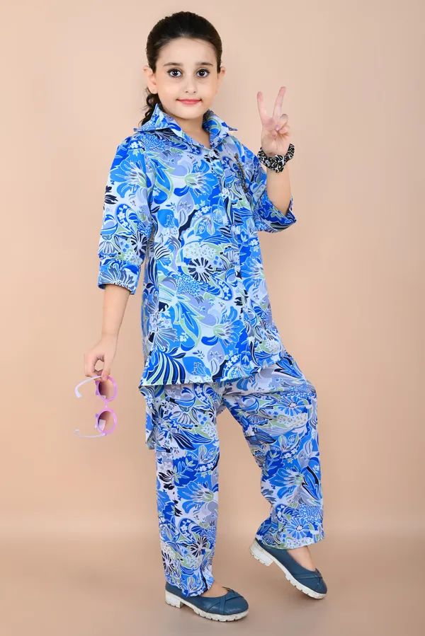 Blue_Printed_Cotton_Silk_Shirt_Pant_Set_For_Girls