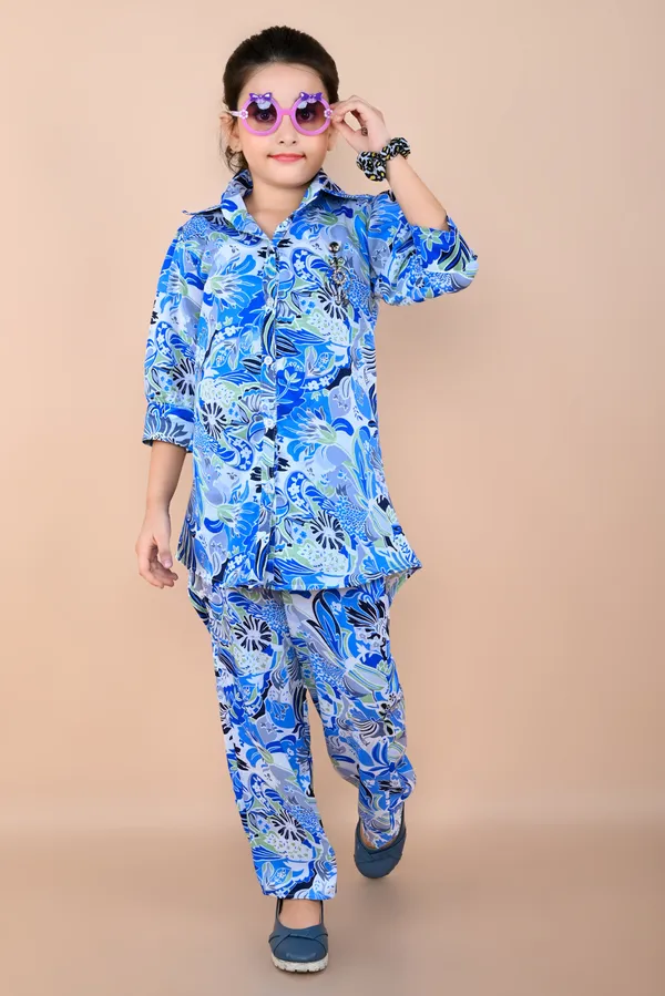 Blue_Printed_Cotton_Silk_Shirt_Pant_Set_For_Girls