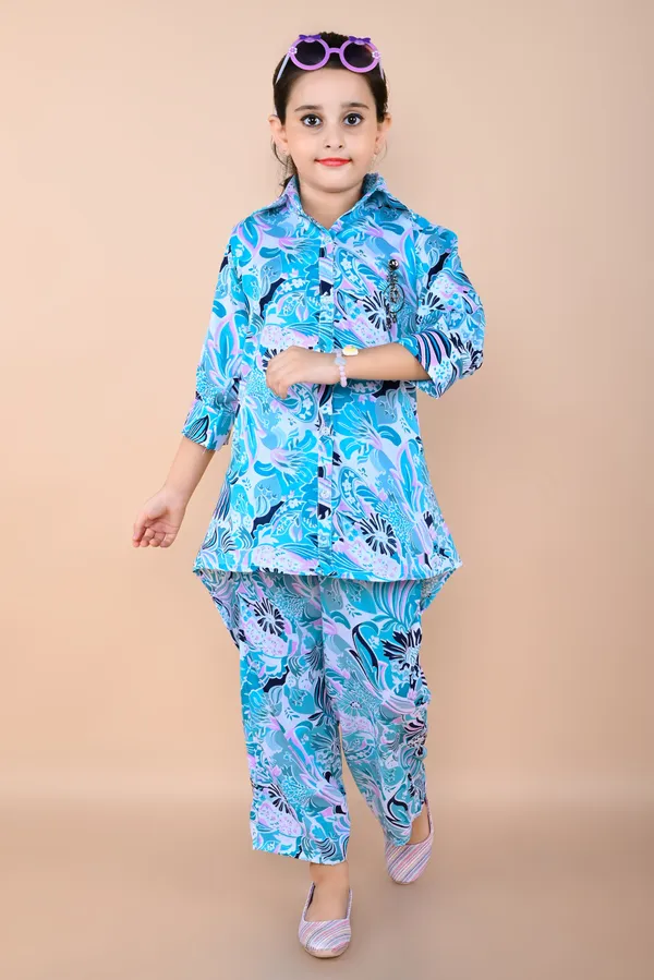 Light_Blue_Printed_Cotton_Silk_Shirt_Pant_Set_For_Girls