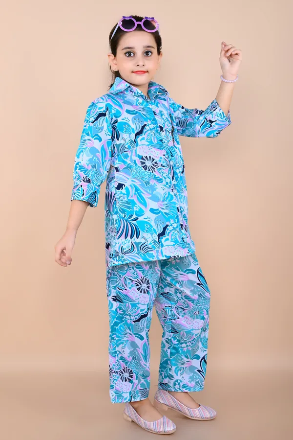 Light_Blue_Printed_Cotton_Silk_Shirt_Pant_Set_For_Girls