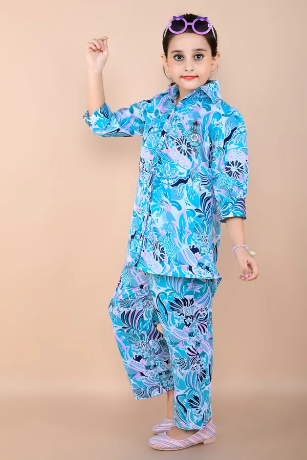 Light_Blue_Printed_Cotton_Silk_Shirt_Pant_Set_For_Girls