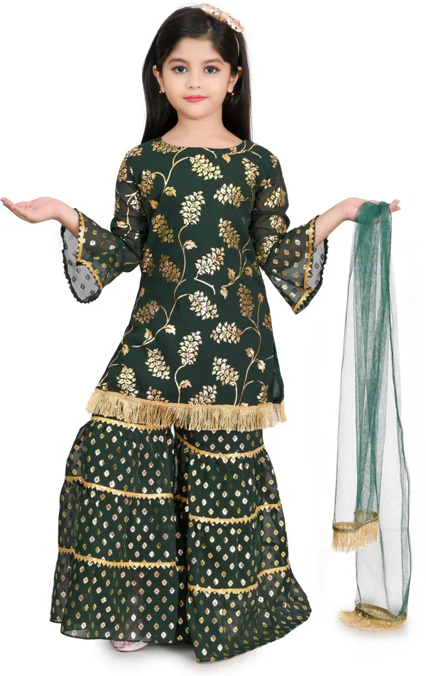 Dark_Green_Chiffon_Embroidered_Round_Neck_Kurta_And_Palazzo_Set_For_Girls