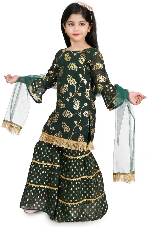 Dark_Green_Chiffon_Embroidered_Round_Neck_Kurta_And_Palazzo_Set_For_Girls