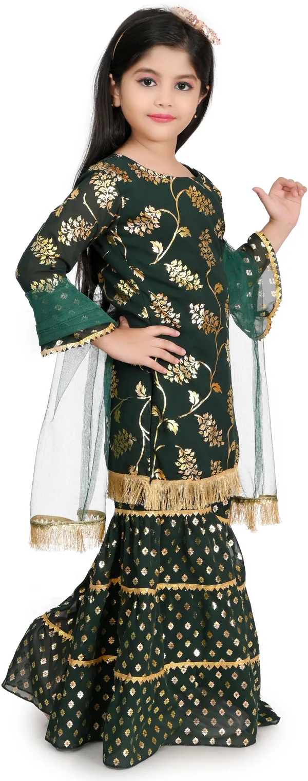 Dark_Green_Chiffon_Embroidered_Round_Neck_Kurta_And_Palazzo_Set_For_Girls