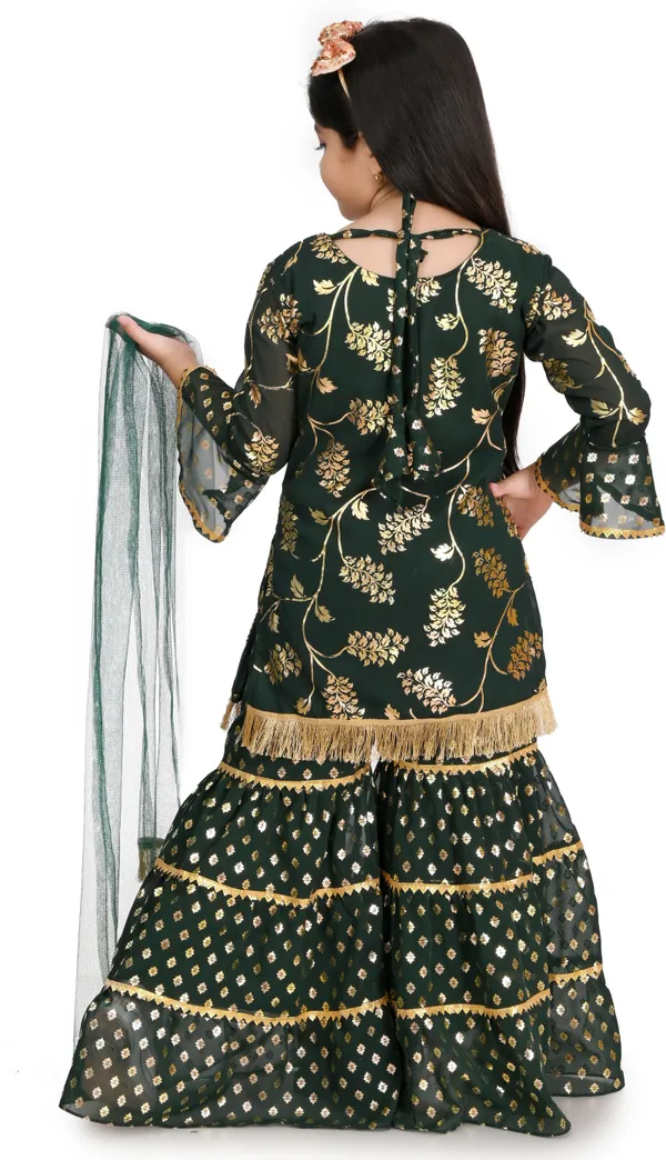 Dark_Green_Chiffon_Embroidered_Round_Neck_Kurta_And_Palazzo_Set_For_Girls