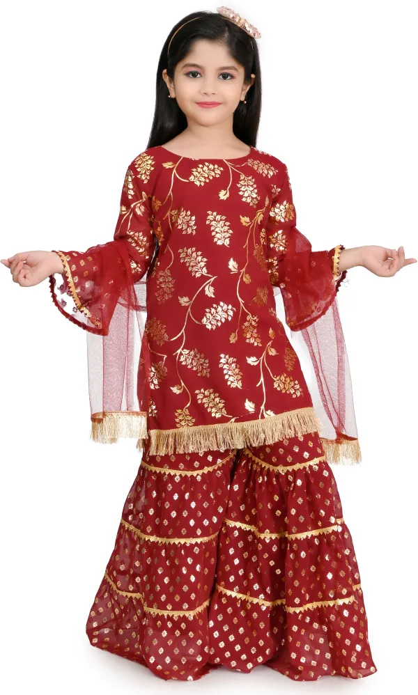 Maroon_Chiffon_Embroidered_Round_Neck_Kurta_And_Palazzo_Set_For_Girls