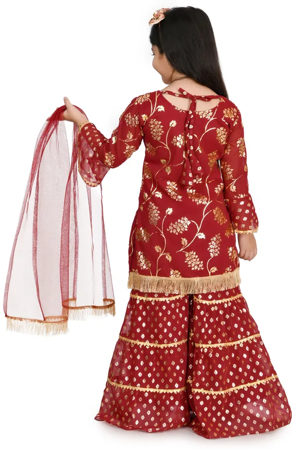 Maroon_Chiffon_Embroidered_Round_Neck_Kurta_And_Palazzo_Set_For_Girls