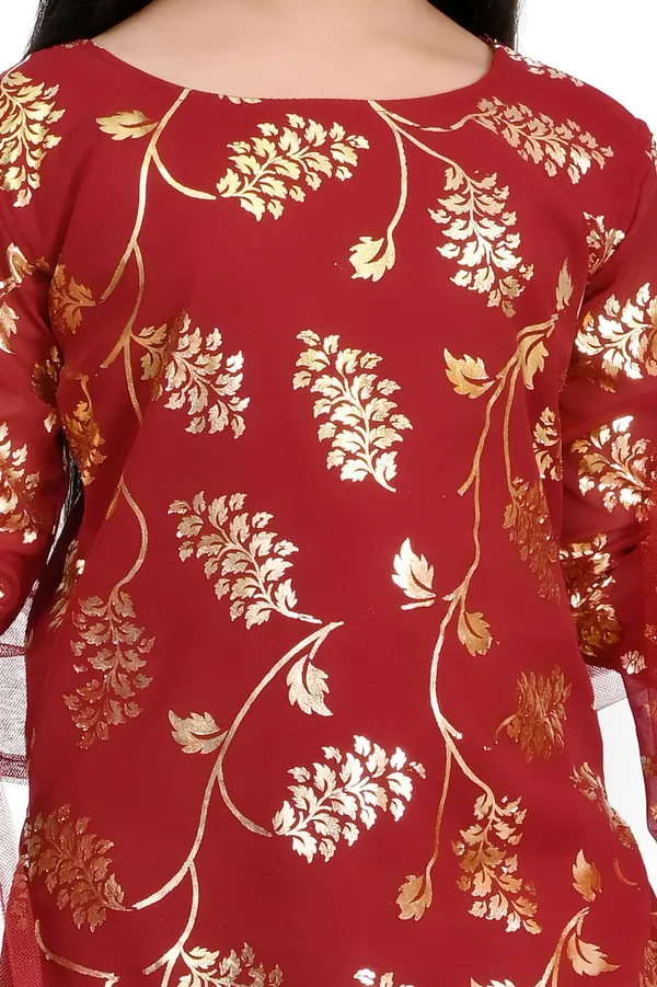 Maroon_Chiffon_Embroidered_Round_Neck_Kurta_And_Palazzo_Set_For_Girls