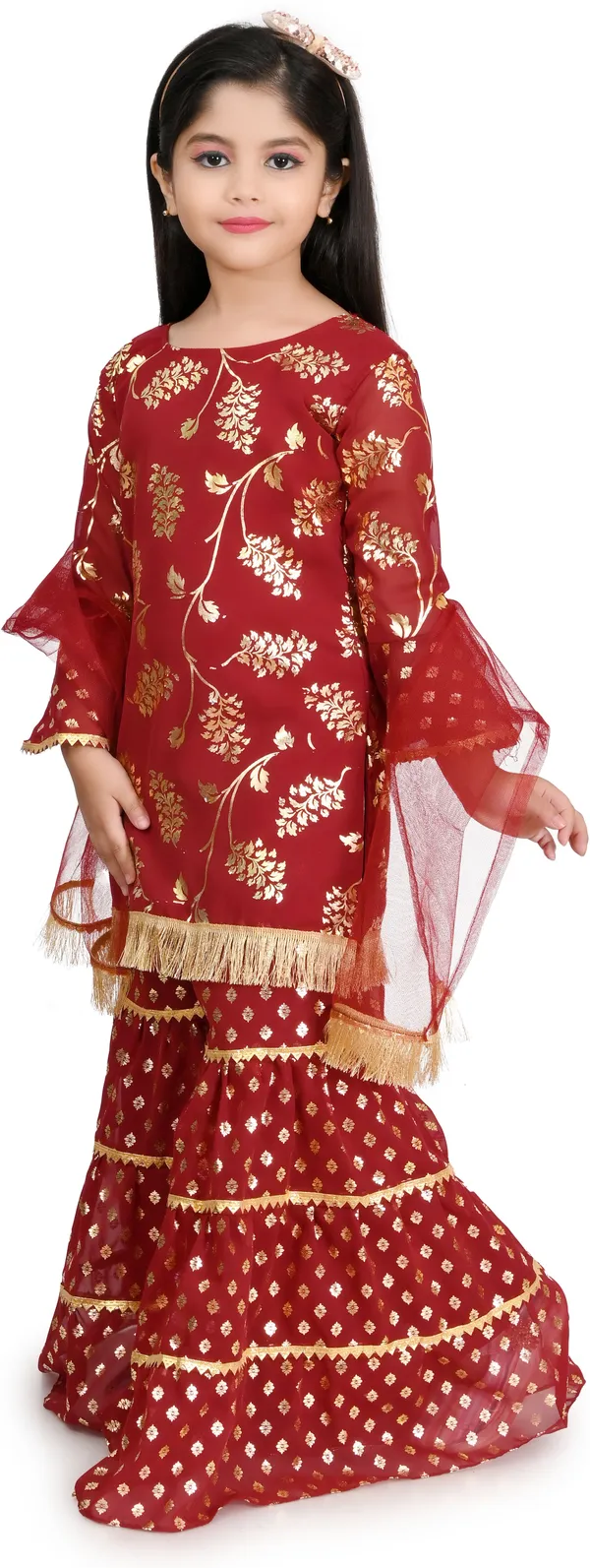 Maroon_Chiffon_Embroidered_Round_Neck_Kurta_And_Palazzo_Set_For_Girls