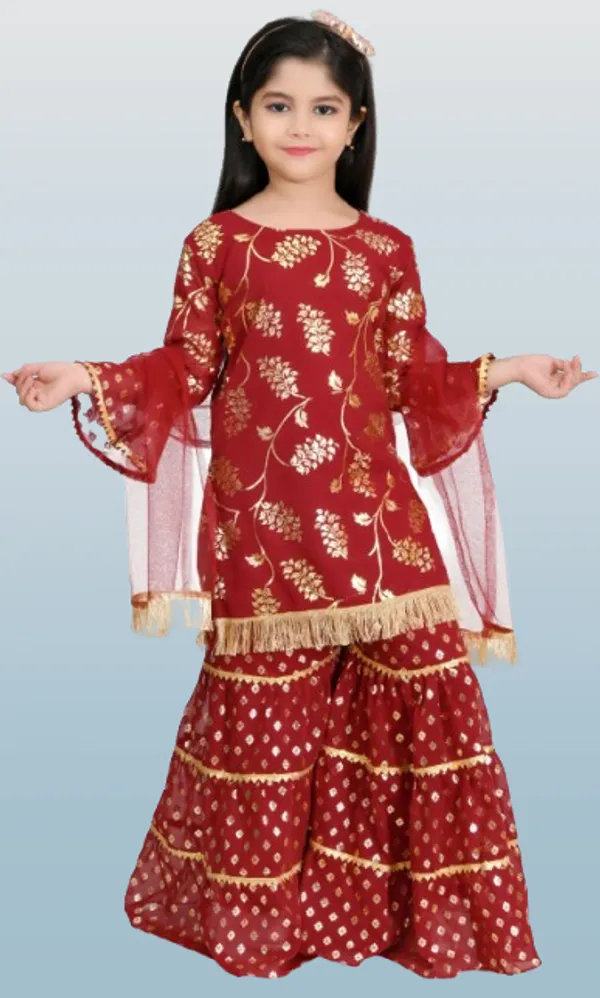 Maroon_Chiffon_Embroidered_Round_Neck_Kurta_And_Palazzo_Set_For_Girls