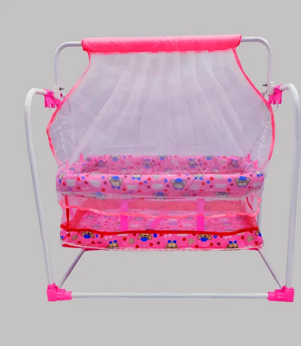 M/Swing_Baby_Cradle_with_Mosquito_Net,_Foldable_Metal_Frame,_Printed_Design_(Pink)