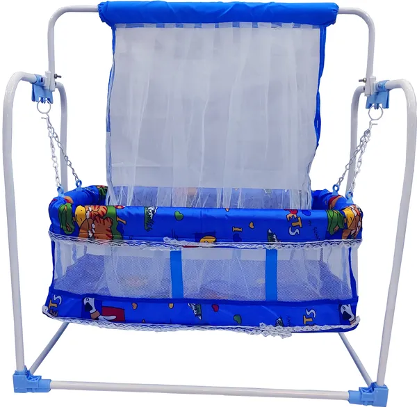 M/Swing_Baby_Cradle_with_Mosquito_Net,_Foldable_Metal_Frame,_Printed_Design_(Blue)