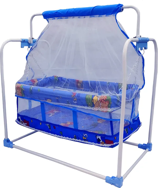 M/Swing_Baby_Cradle_with_Mosquito_Net,_Foldable_Metal_Frame,_Printed_Design_(Blue)