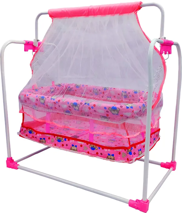 M/Swing_Baby_Cradle_with_Mosquito_Net,_Foldable_Metal_Frame,_Printed_Design_(Pink)