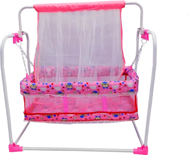 M/Swing_Baby_Cradle_with_Mosquito_Net,_Foldable_Metal_Frame,_Printed_Design_(Pink)