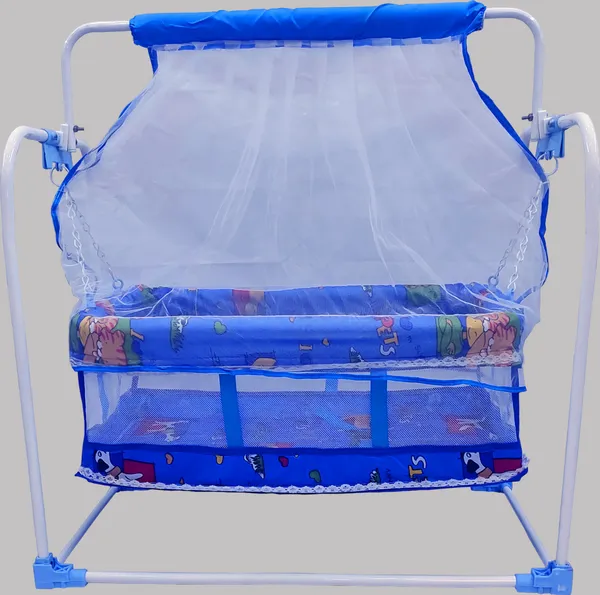 M/Swing_Baby_Cradle_with_Mosquito_Net,_Foldable_Metal_Frame,_Printed_Design_(Blue)