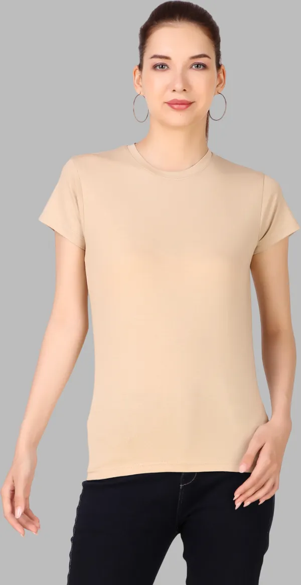 Beige_Cotton_Blend_Solid_Round_Neck_T-Shirt_For_Women