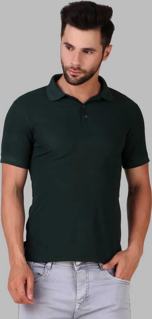 Dark_Green_Polyester_Solid_Polo_Neck_T-Shirt_For_Men