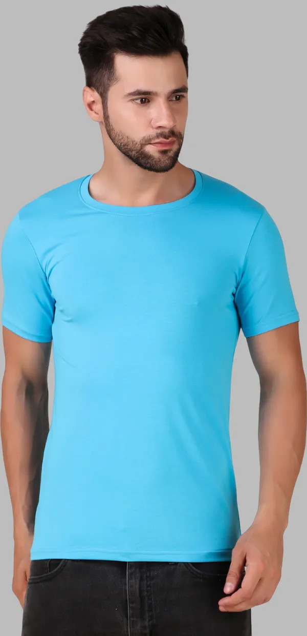 Light_Blue_Cotton_Blend_Solid_Round_Neck_Light_T-Shirt_For_Men