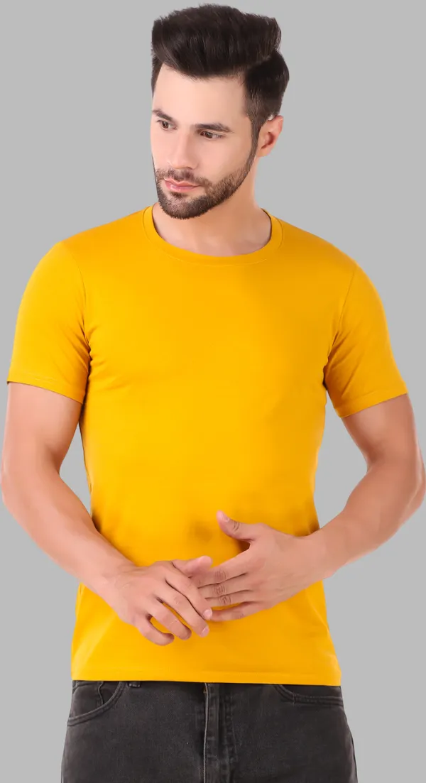 Yellow_Cotton_Blend_Solid_Round_Neck_T-Shirt_For_Men