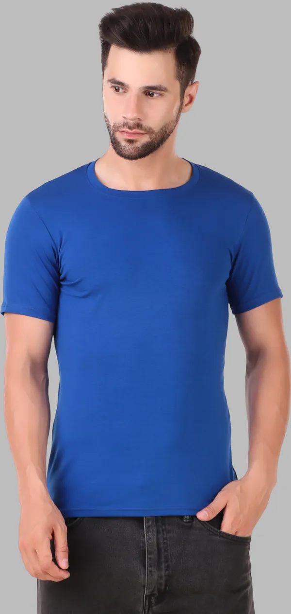 Blue_Cotton_Blend_Solid_Round_Neck_T-Shirt_For_Men