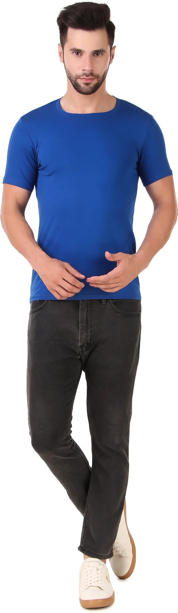Blue_Cotton_Blend_Solid_Round_Neck_T-Shirt_For_Men
