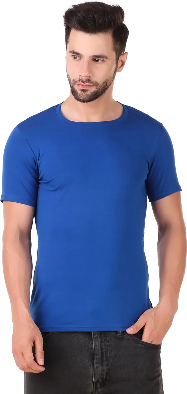 Blue_Cotton_Blend_Solid_Round_Neck_T-Shirt_For_Men