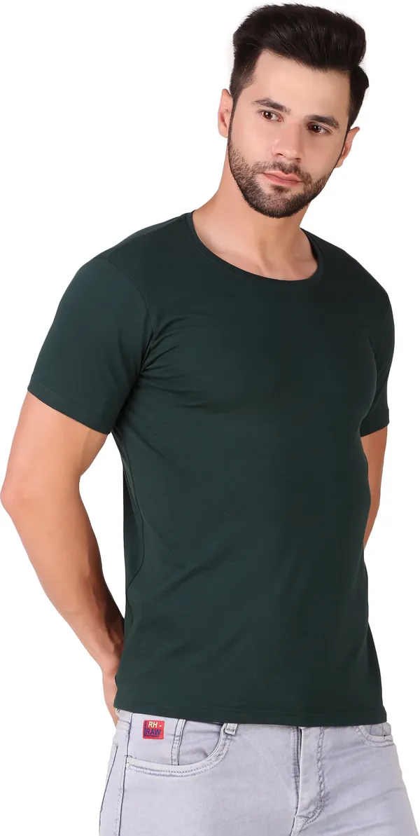 Dark_Green_Cotton_Blend_Solid_Round_Neck_T-Shirt_For_Men