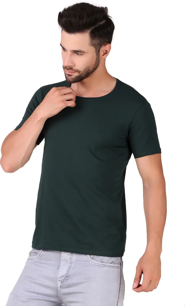 Dark_Green_Cotton_Blend_Solid_Round_Neck_T-Shirt_For_Men