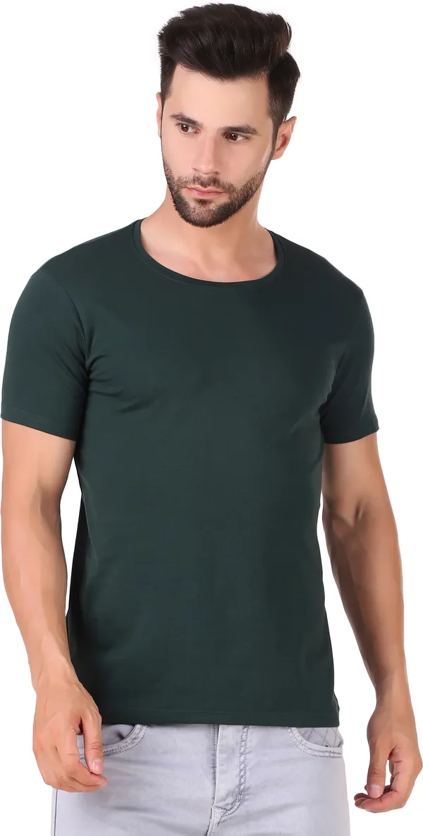 Dark_Green_Cotton_Blend_Solid_Round_Neck_T-Shirt_For_Men